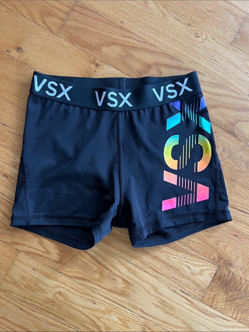 VSX Victoria’s Secret Black Bike Shorts with Rainbow Gradient Logo Size Small